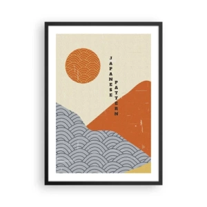 Póster en marco negro - Patrón japonés minimalista con ondas y sol. - 50x70cm - En el espíritu japonés - Decoración de pared moderna para salón y dormitorio ARTTOR