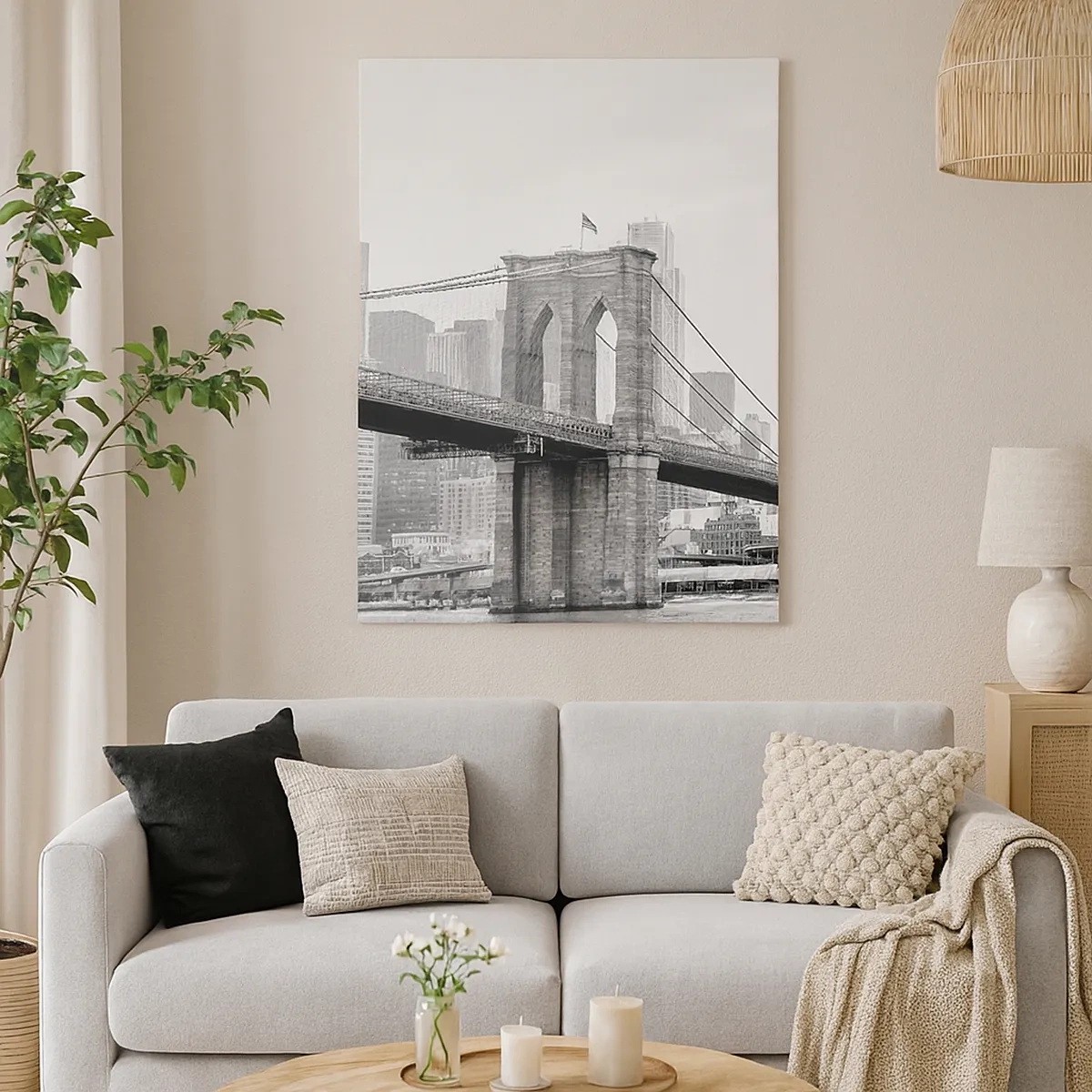 Cuadro sobre lienzo - Impresión de Imagen - Puente de Brooklyn con rascacielos de Nueva York al fondo - 50x70cm - Vibraciones de Nueva York - Decoración de pared moderna para salón y dormitorio ARTTOR