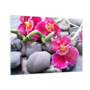 Cuadro sobre vidrio - Impresiones sobre Vidrio - Orquídeas rosas con bambú sobre piedras. - 100x70cm - Frío y calor - Decoración de pared moderna para salón y dormitorio ARTTOR