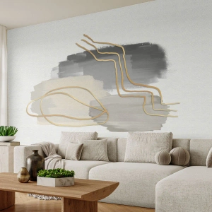 Fotomural Premium Canvas - Líneas doradas abstractas sobre un fondo gris - 100x70cm - Persistencia y movimiento - Decoración de pared moderna para salón y dormitorio ARTTOR