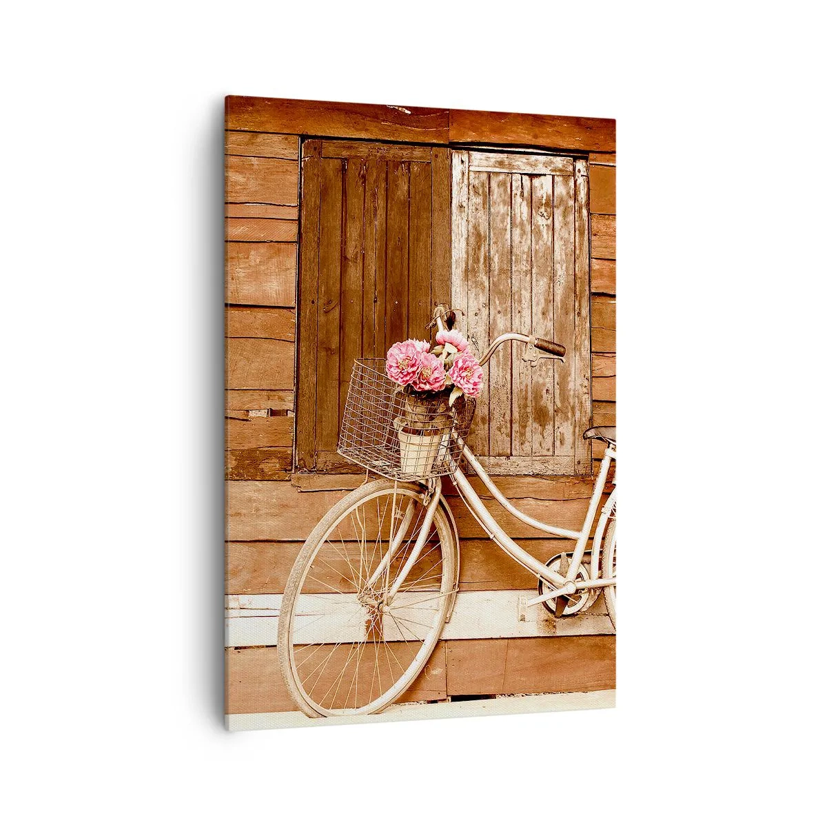 Cuadro sobre lienzo - Impresión de Imagen - Una bicicleta con una cesta llena de rosas contra una pared de madera. - 70x100cm - Ahora mismo vuelvo - Decoración de pared moderna para salón y dormitorio ARTTOR