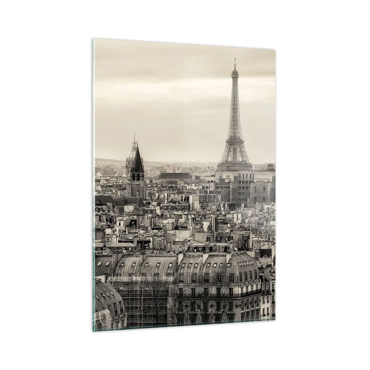 Cuadro sobre vidrio - Impresiones sobre Vidrio - Un panorama de París con vista a la Torre Eiffel en tonos sepia. - 50x70cm - Sobre los tejados de París - Decoración de pared moderna para salón y dormitorio ARTTOR