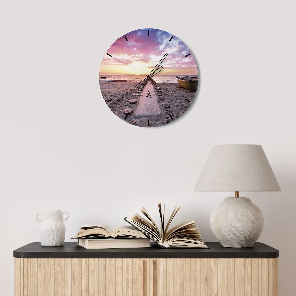 Reloj de pared - Reloj de vidrio - Camino de playa que conduce hacia la puesta del sol - 30x30cm - Un momento de profunda experiencia - Decoración de pared moderna para salón, cocina y dormitorio ARTTOR