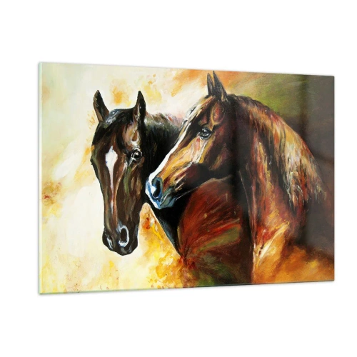 Cuadro sobre vidrio - Impresiones sobre Vidrio - Dos caballos en una composición artística y dinámica. - 120x80cm - El doble de encanto - Decoración de pared moderna para salón y dormitorio ARTTOR
