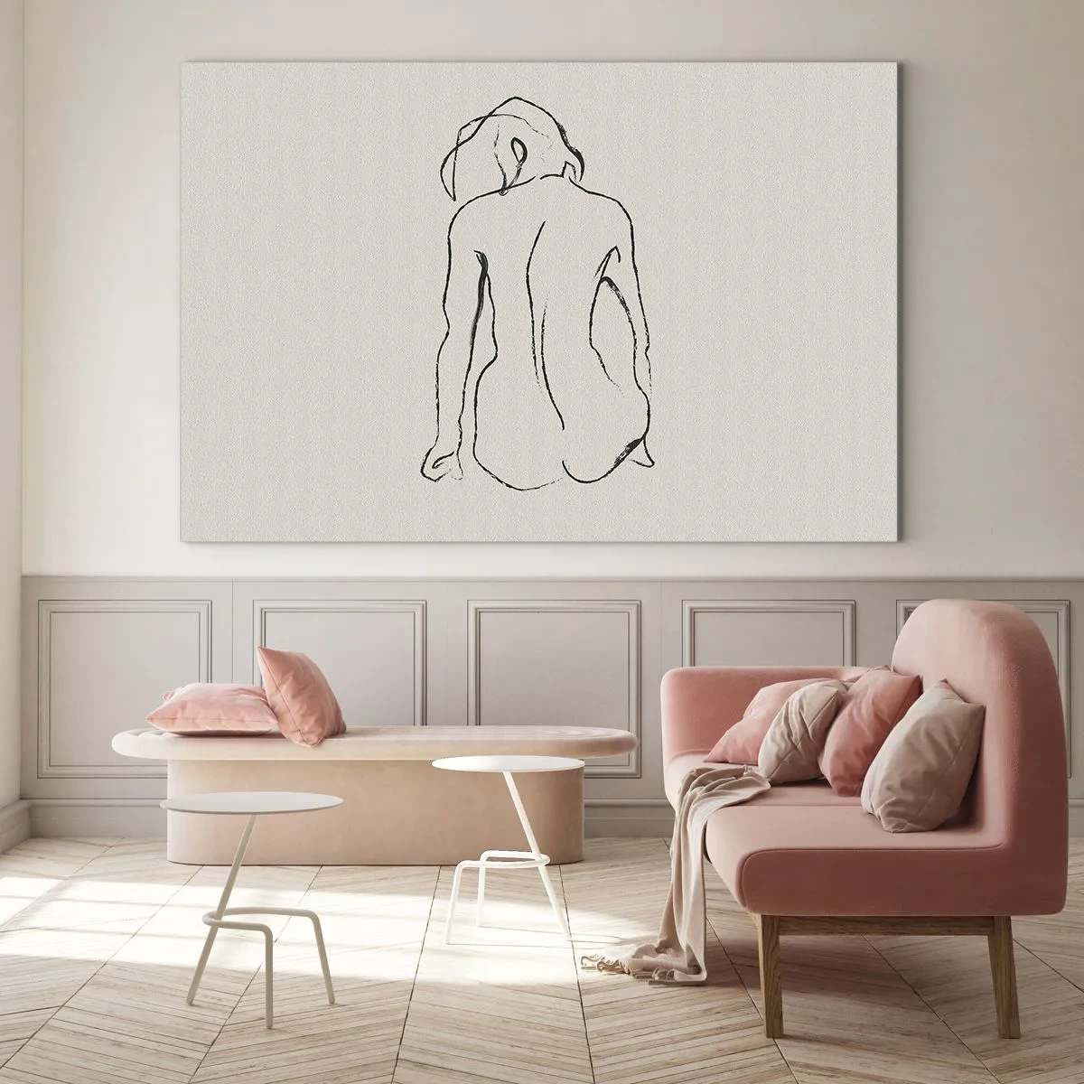 Cuadro sobre vidrio - Impresiones sobre Vidrio - Un delicado boceto de una mujer sentada, dibujado en negro sobre un fondo claro. - 70x50cm - Esbozos de una espalada - Decoración de pared moderna para salón y dormitorio ARTTOR