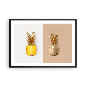 Póster en marco negro - Media piña fresca y dorada sobre un fondo contrastante. - 70x50cm - Piña y media - Decoración de pared moderna para salón y dormitorio ARTTOR