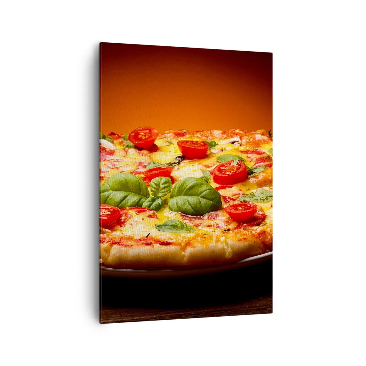 Cuadro sobre lienzo - Impresión de Imagen - Pizza con tomates y albahaca sobre una mesa de madera. - 70x100cm - ¡Mamma mia! - Decoración de pared moderna para salón y dormitorio ARTTOR