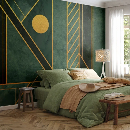 Fotomural Premium Sand - Geometría verde con elementos dorados en estilo Art Déco - 100x70cm - La dinámica del oro y el azul - Decoración de pared moderna para salón y dormitorio ARTTOR