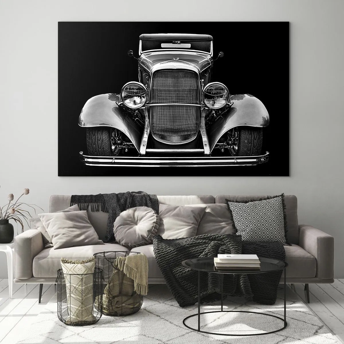 Cuadro sobre vidrio - Impresiones sobre Vidrio - Una vista frontal de un coche retro clásico. - 100x70cm - Un verdadero caballero - Decoración de pared moderna para salón y dormitorio ARTTOR