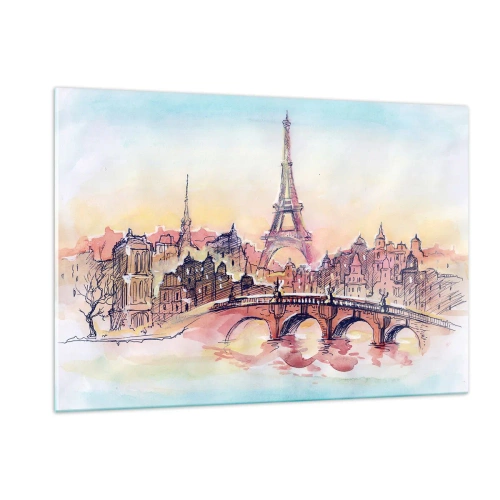 Cuadro sobre vidrio - Impresiones sobre Vidrio - Un panorama de París con la Torre Eiffel en un delicado estilo de acuarela. - 120x80cm - Única en el mundo - Decoración de pared moderna para salón y dormitorio ARTTOR
