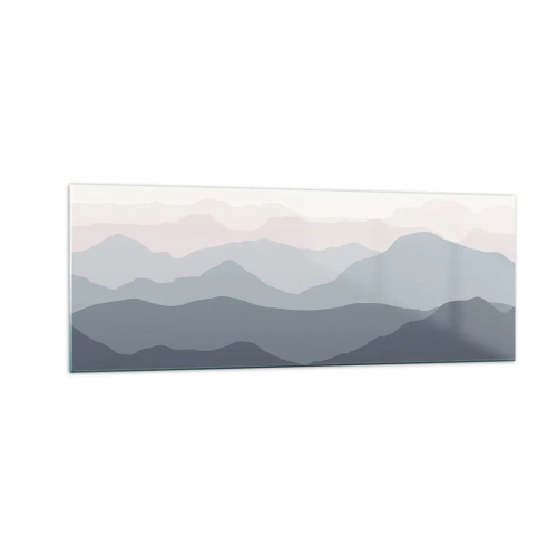 Cuadro sobre vidrio - Impresiones sobre Vidrio - Capas sutiles de montaña en tonos grises y azules. - 140x50cm - Cordilleras a la vista - Decoración de pared moderna para salón y dormitorio ARTTOR