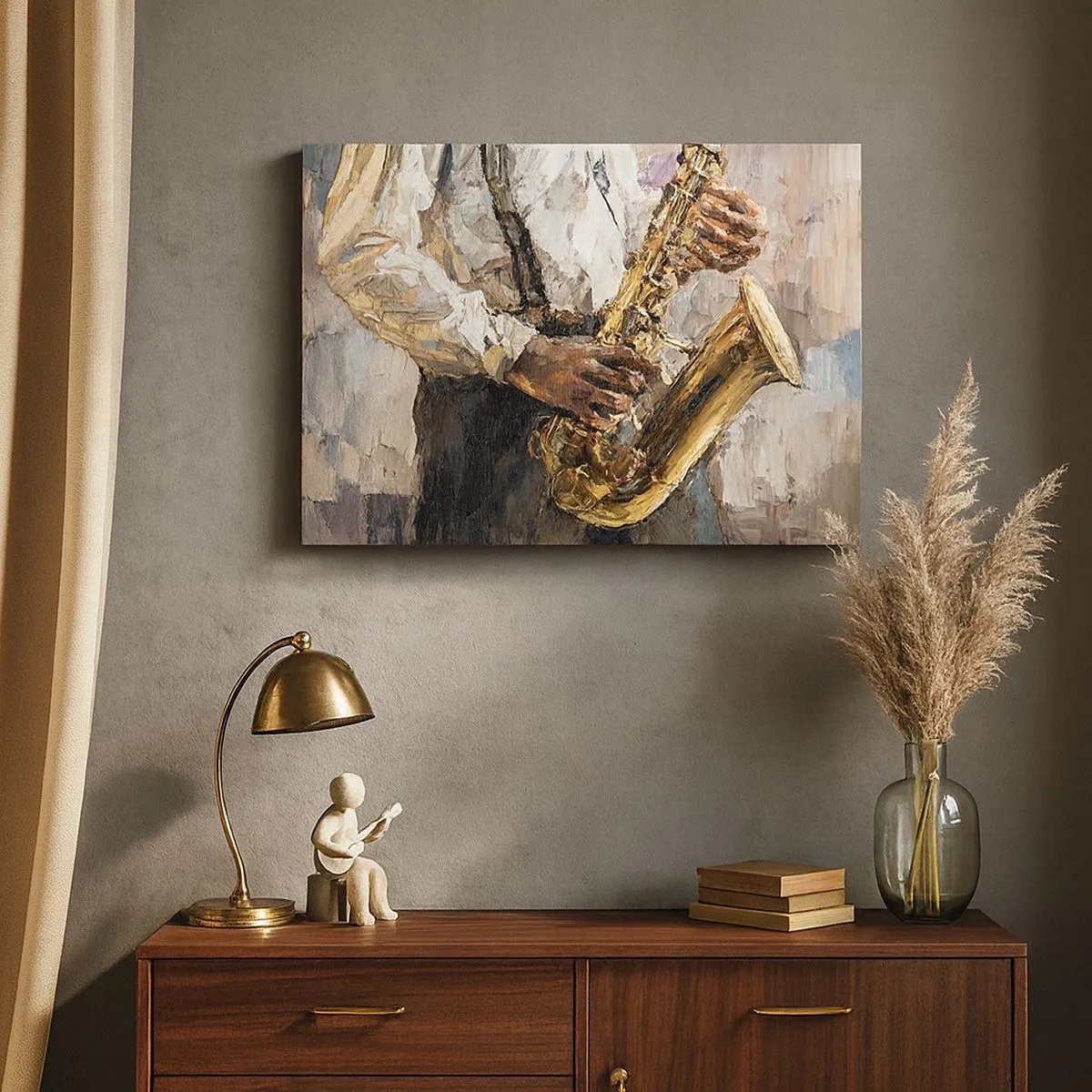 Cuadro sobre lienzo - Impresión de Imagen - Un músico tocando el saxofón con un estilo artístico. - 70x50cm - Llegó el momento del solo - Decoración de pared moderna para salón y dormitorio ARTTOR