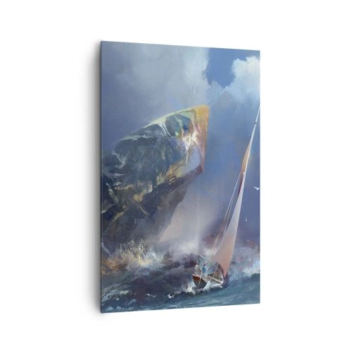 Cuadro sobre lienzo - Impresión de Imagen - Un velero en medio de una tormenta al pie de una enorme roca. - 80x120cm - La gloria es para los valientes - Decoración de pared moderna para salón y dormitorio ARTTOR