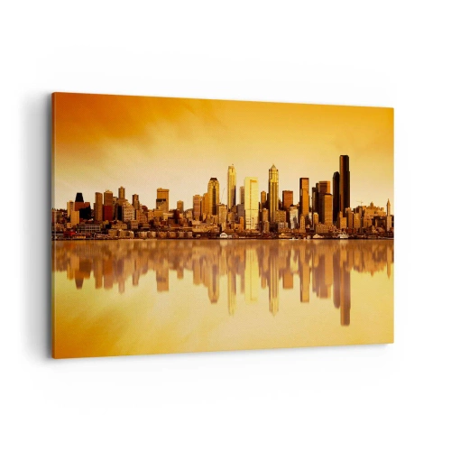 Cuadro sobre lienzo - Impresión de Imagen - Panorama de la ciudad reflejado en el agua al atardecer - 120x80cm - El silencio de la metrópoli - Decoración de pared moderna para salón y dormitorio ARTTOR