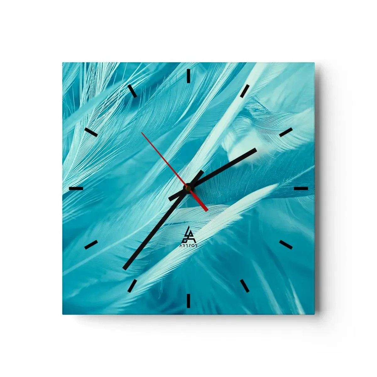 Reloj de pared - Reloj de vidrio - Delicadas plumas turquesas en primer plano - 30x30cm - Un manto real  - Decoración de pared moderna para salón y dormitorio ARTTOR