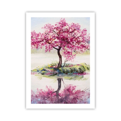Póster - Un cerezo junto a un lago tranquilo - 50x70cm - Una celebración de la primavera - Decoración de pared moderna para salón y dormitorio ARTTOR