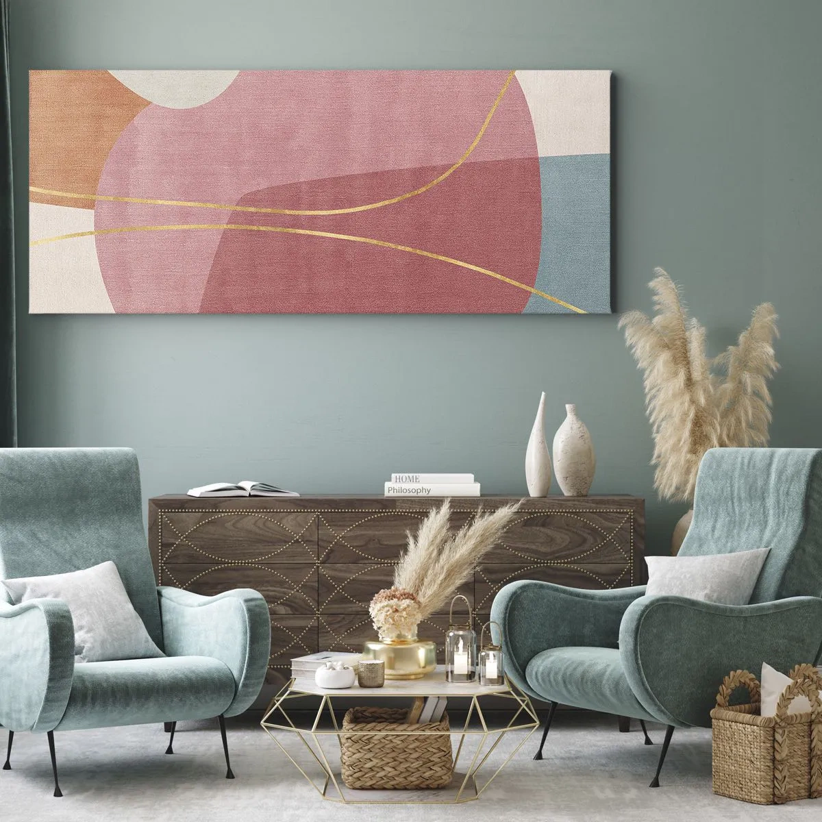 Cuadro sobre lienzo - Impresión de Imagen - Composición en pastel con hilos de oro - 100x40 cm