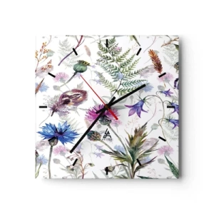 Reloj de pared - Reloj de vidrio - Flores y hierbas de acuarela sobre un fondo blanco en estilo herbario. - 30x30cm - Herbario polaco - Decoración de pared moderna para salón y dormitorio ARTTOR