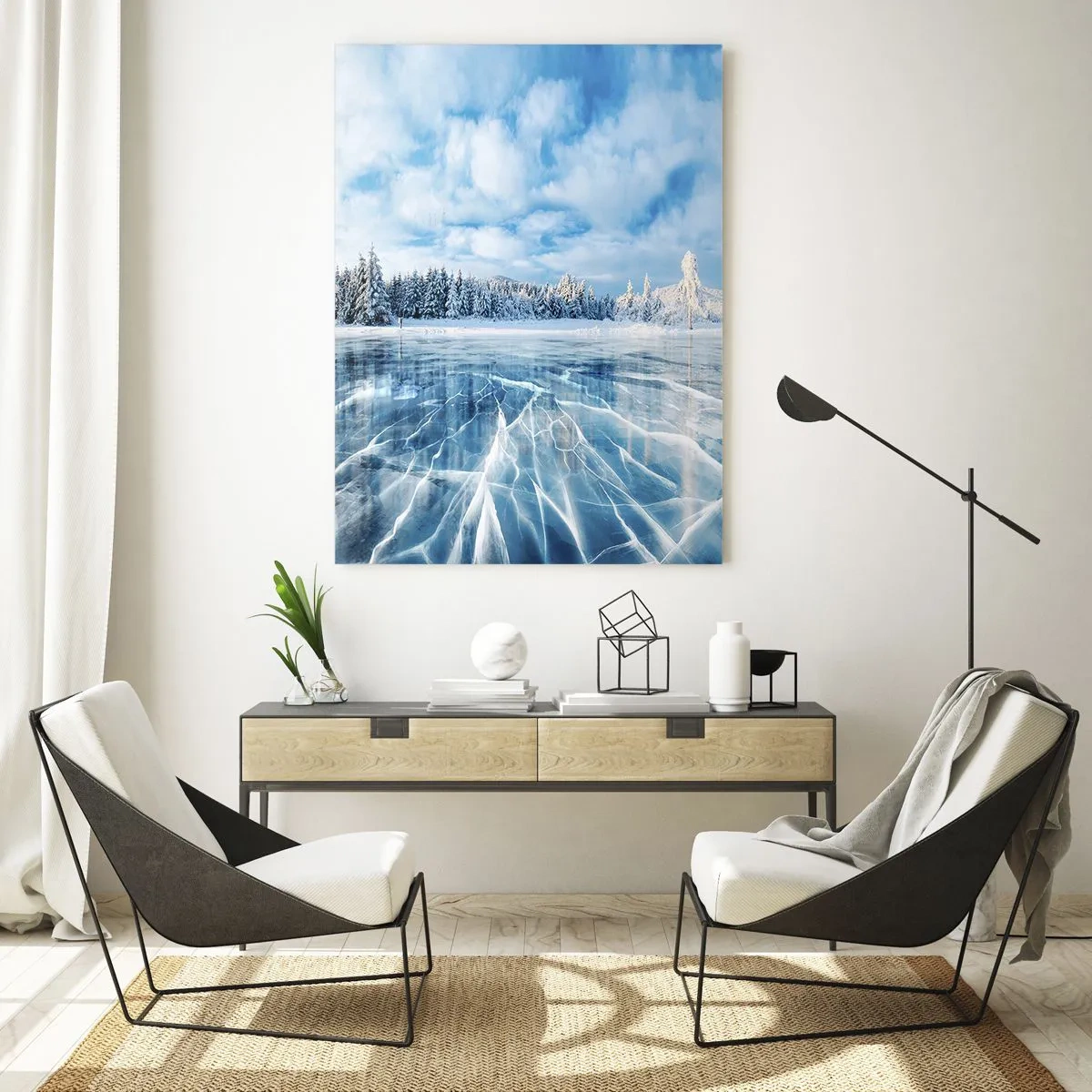 Cuadro sobre vidrio - Impresiones sobre Vidrio - Un lago congelado rodeado de un bosque invernal. - 50x70cm - Vista deslumbrante y cristalina - Decoración de pared moderna para salón y dormitorio ARTTOR