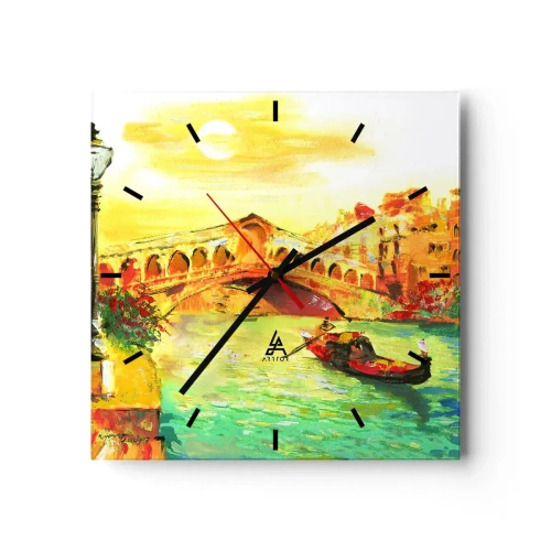 Reloj de pared - Reloj de vidrio - Un pintoresco puente sobre el canal con una góndola a la luz del sol poniente. - 30x30cm - Peregrinación de los amantes - Decoración de pared moderna para salón y dormitorio ARTTOR