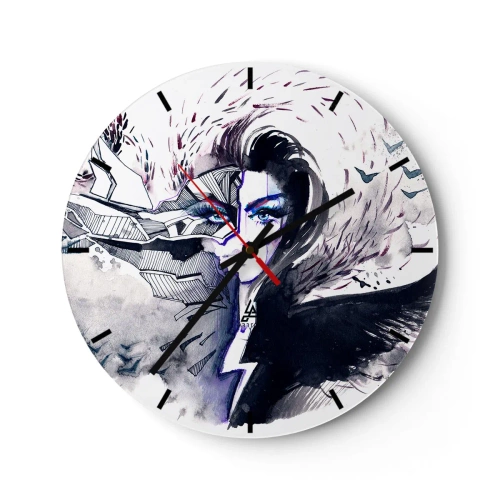 Reloj de pared - Reloj de vidrio - Retrato abstracto de una mujer con un motivo de demonio y rayo. - 30x30cm - Demoníaca y hermosa - Decoración de pared moderna para salón, cocina y dormitorio ARTTOR