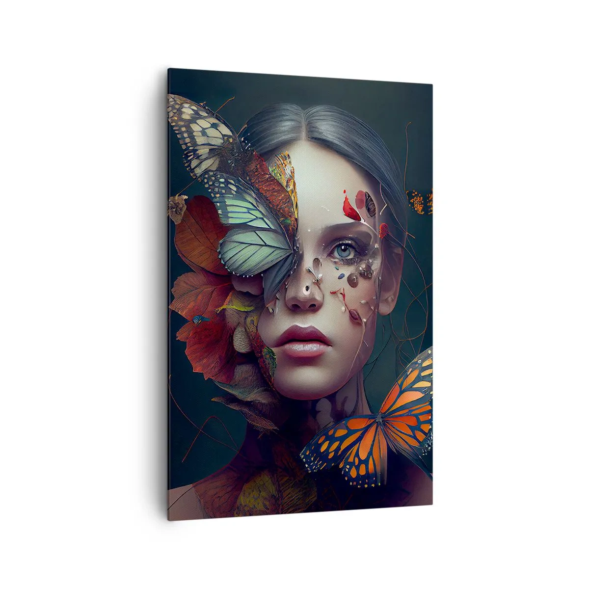 Cuadro sobre lienzo - Impresión de Imagen - Retrato de una mujer con mariposas y elementos vegetales. - 80x120cm - Una metamorfosis maravillosa - Decoración de pared moderna para salón y dormitorio ARTTOR