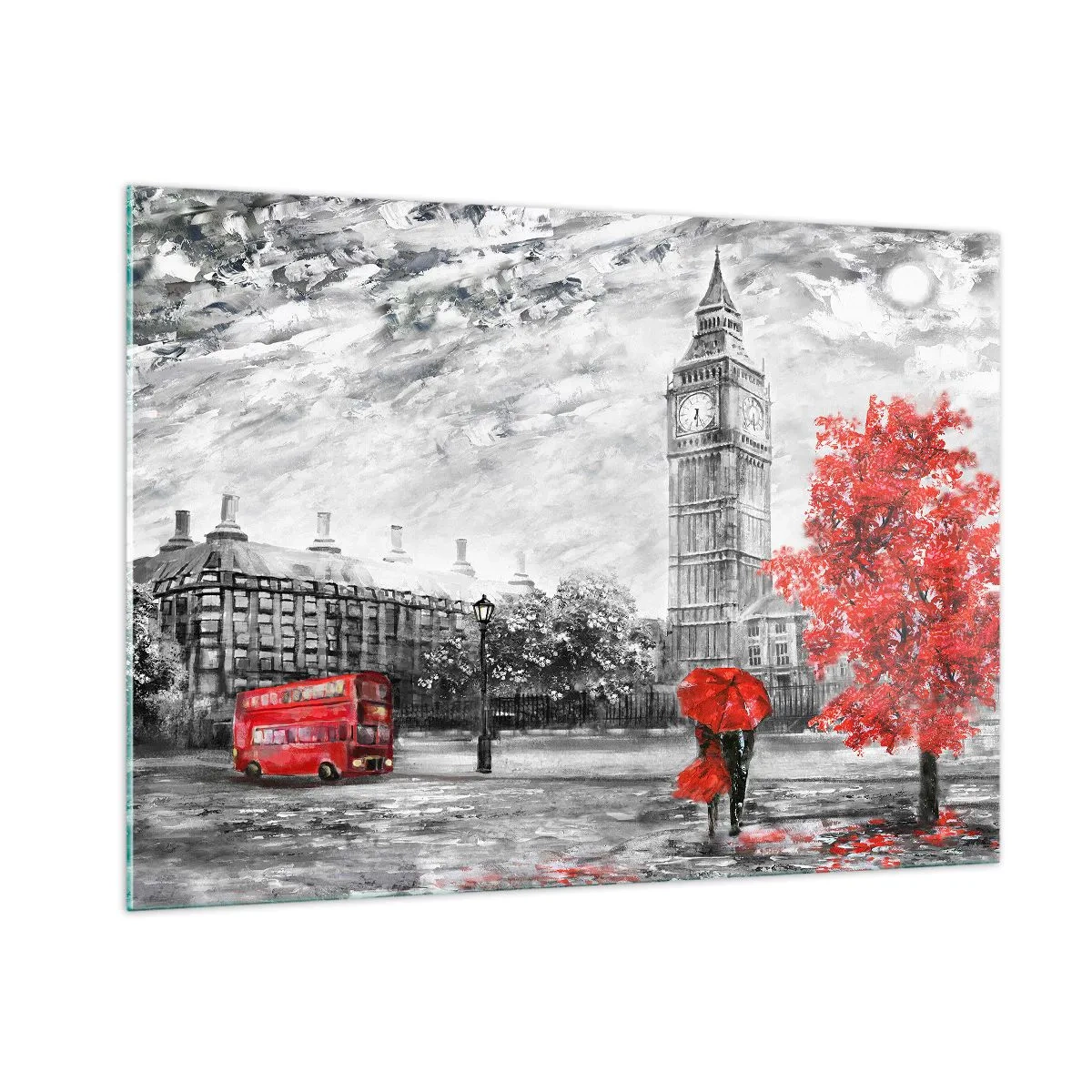 Cuadro sobre vidrio - Impresiones sobre Vidrio - El Big Ben con un autobús rojo y un paraguas sobre un fondo de árboles otoñales - 100x70cm - Un día emocionante - Decoración de pared moderna para salón y dormitorio ARTTOR