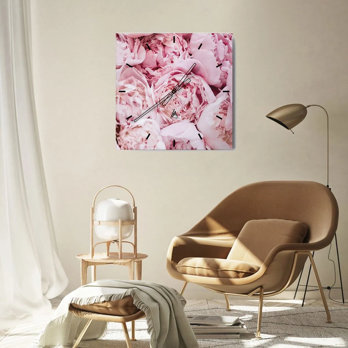 Reloj de pared - Reloj de vidrio - Un primer plano de un ramo de peonías rosas. - 30x30cm - Cálido y fragante - Decoración de pared moderna para salón y dormitorio ARTTOR
