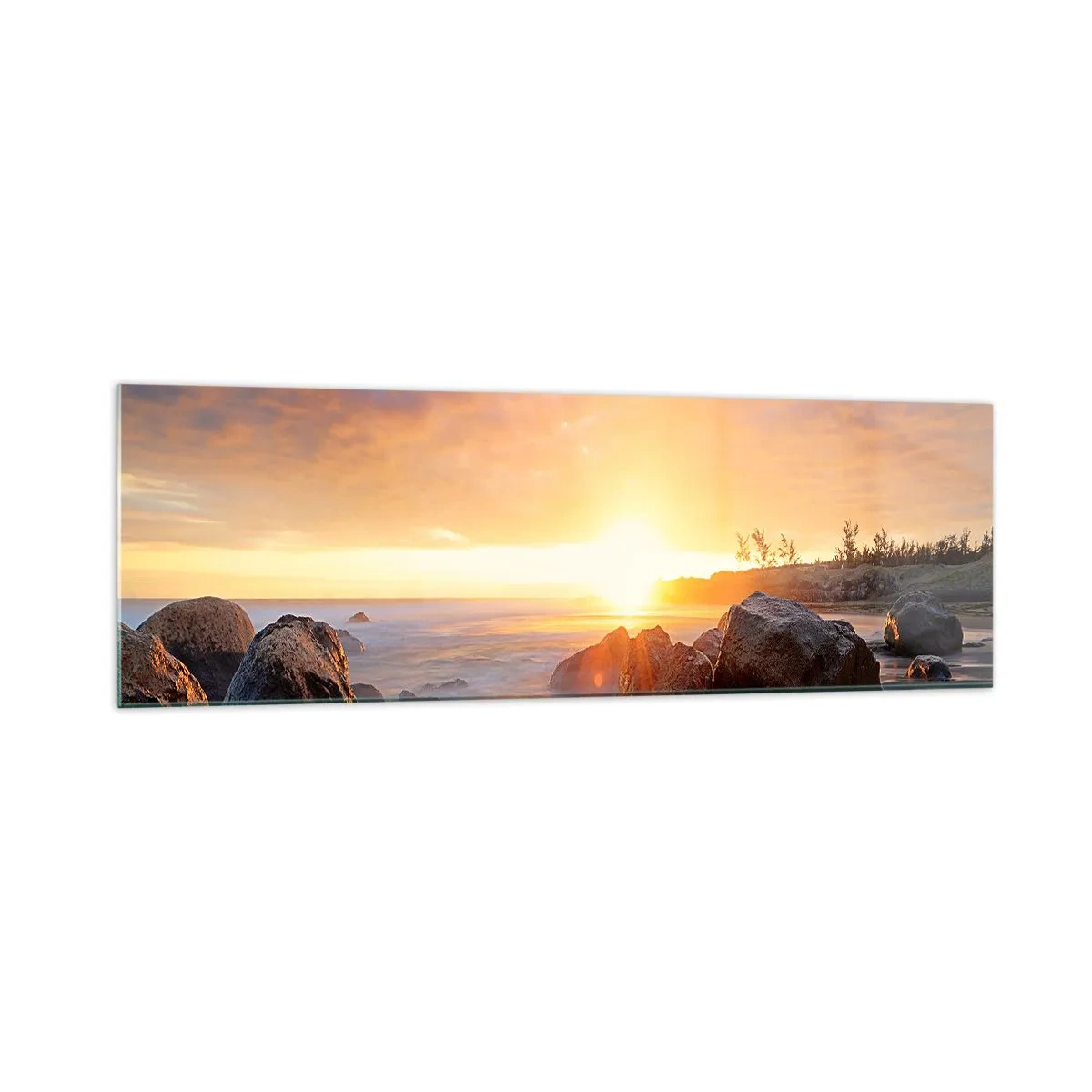 Cuadro sobre vidrio - Impresiones sobre Vidrio - Puesta de sol sobre la costa rocosa - 160x50cm - Brisa luminosa del atardecer - Decoración de pared moderna para salón y dormitorio ARTTOR