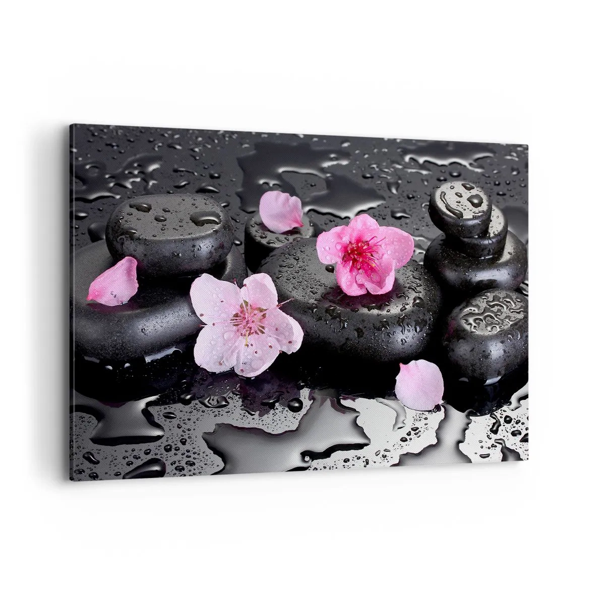 Cuadro sobre lienzo - Impresión de Imagen - Piedras negras y flores rosas estilo spa - 100x70cm - Y una piedra cae del corazón - Decoración de pared moderna para salón y dormitorio ARTTOR