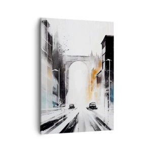 Cuadro sobre lienzo - Impresión de Imagen - Panorama abstracto de la ciudad con un puente arqueado - 50x70cm - Estudio de la ciudad: arquitectura y movimiento - Decoración de pared moderna para salón y dormitorio ARTTOR