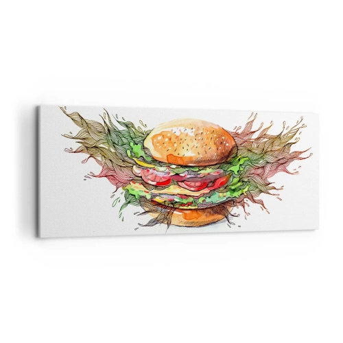 Cuadro sobre lienzo - Impresión de Imagen - Ilustración artística de una hamburguesa con elementos dinámicos. - 120x50cm - Tentación irresistible - Decoración de pared moderna para salón y dormitorio ARTTOR
