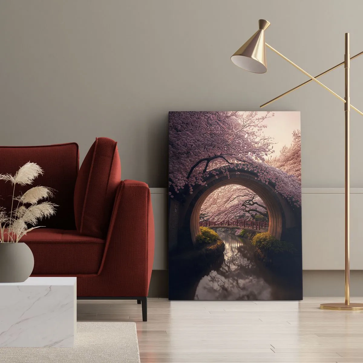 Cuadro sobre lienzo - Impresión de Imagen - Un puente tradicional japonés rodeado de flores de cerezo. - 80x120cm - Primavera japonesa - Decoración de pared moderna para salón y dormitorio ARTTOR