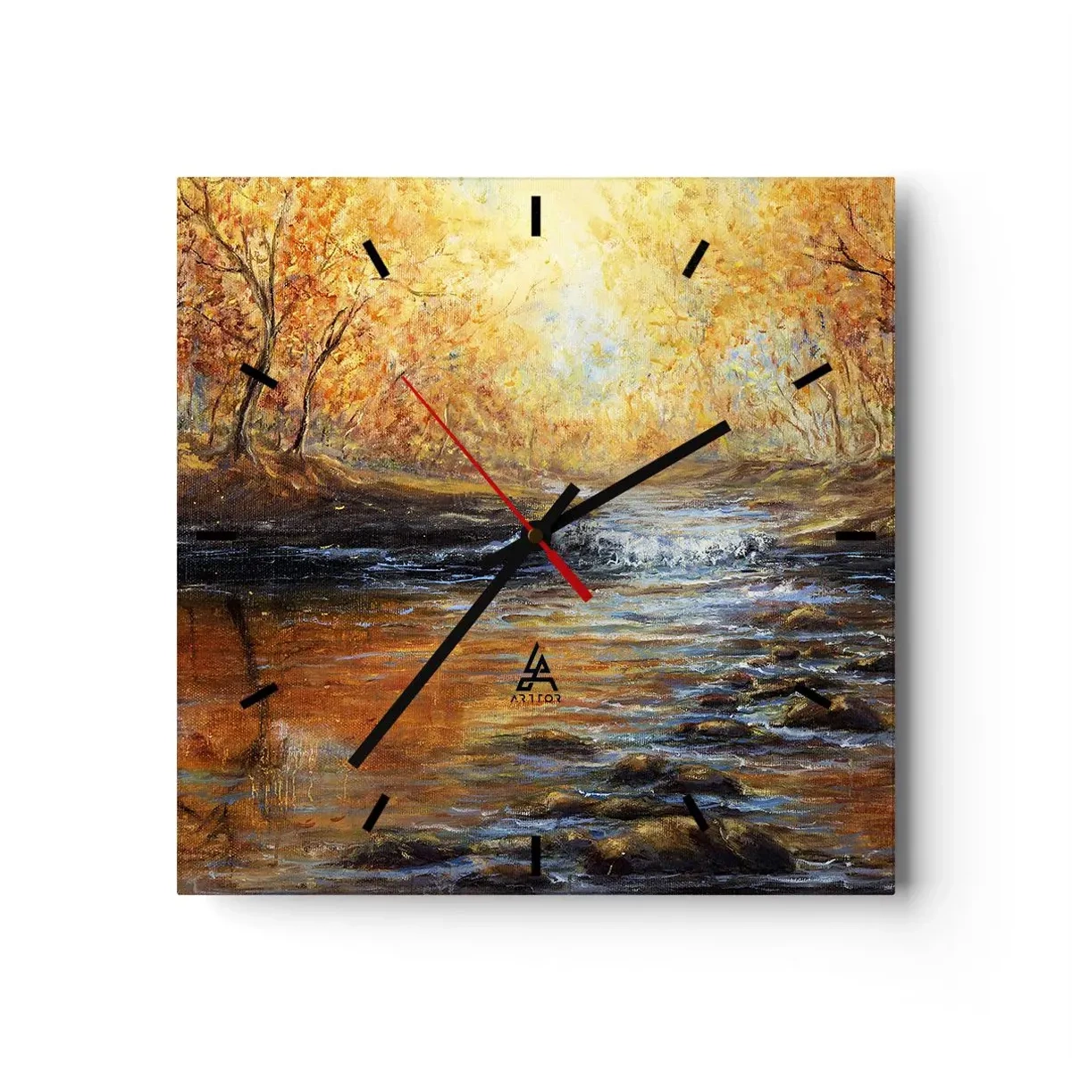 Reloj de pared - Reloj de vidrio - Paisaje otoñal con un río entre los árboles. - 30x30cm - Arroyo de oro - Decoración de pared moderna para salón y dormitorio ARTTOR