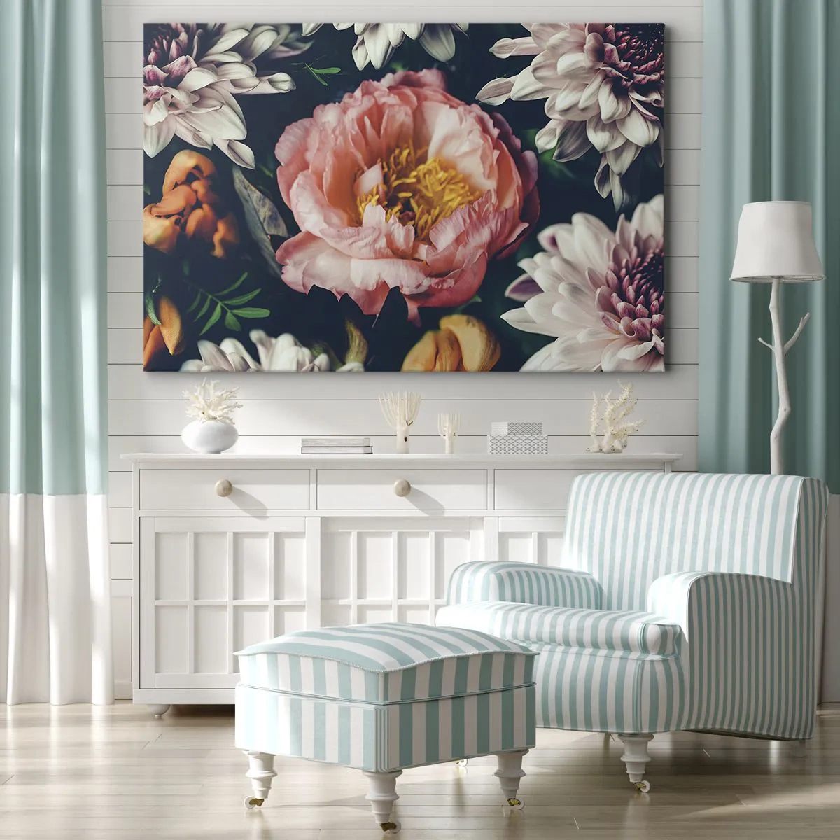 Cuadro sobre lienzo - Impresión de Imagen - Arreglo floral con peonías y crisantemos sobre fondo oscuro. - 120x80cm - Con esplendor barroco - Decoración de pared moderna para salón y dormitorio ARTTOR