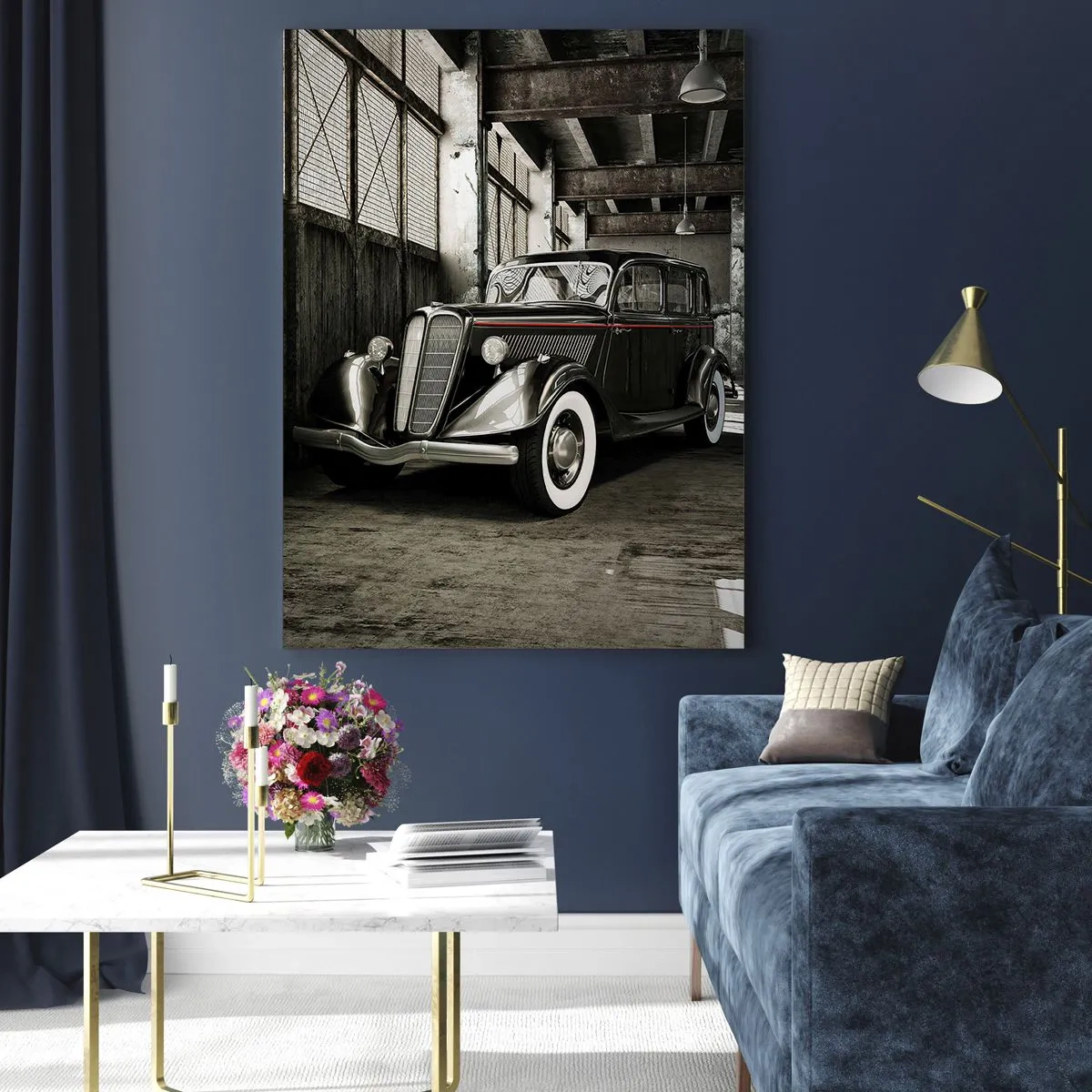 Cuadro sobre vidrio - Impresiones sobre Vidrio - Un coche clásico en un garaje con estilo - 50x70cm - La elegancia perdurable de los años 30. - Decoración de pared moderna para salón y dormitorio ARTTOR