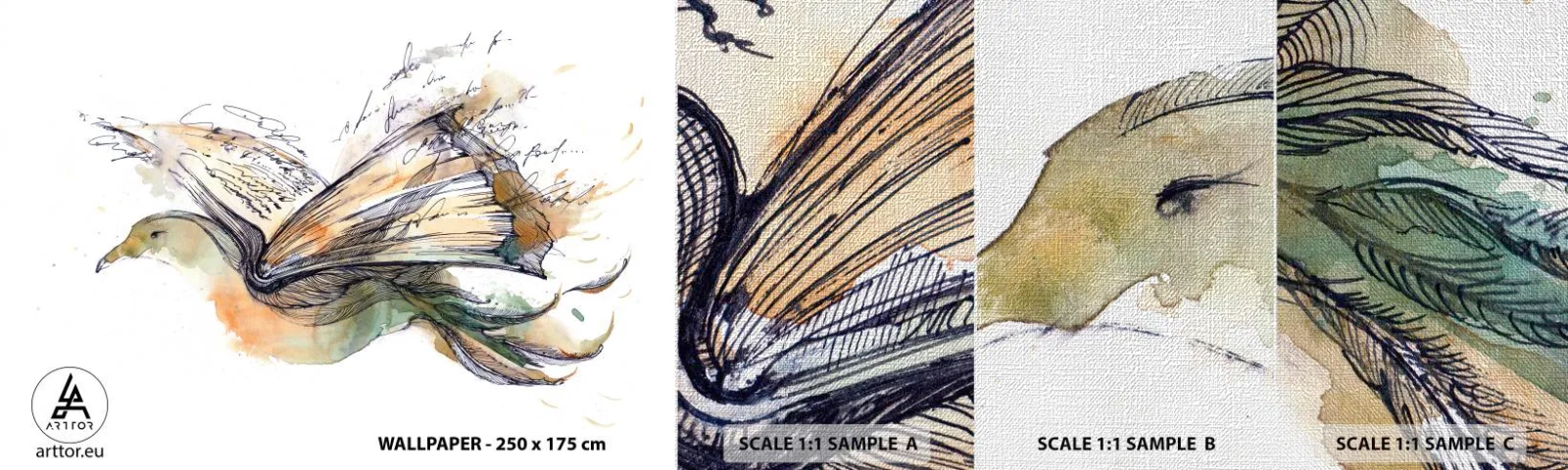 Muestra de fotomural Premium Canvas - En las alas de la poesía - Abstracción, Pájaro, Libro - 100x30 cm