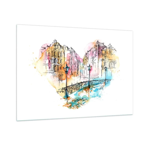 Cuadro sobre vidrio - Impresiones sobre Vidrio - Casas de vecindad románticas con un puente en forma de corazón, acuarela - 100x70cm - El corazón de la ciudad - Decoración de pared moderna para salón y dormitorio ARTTOR