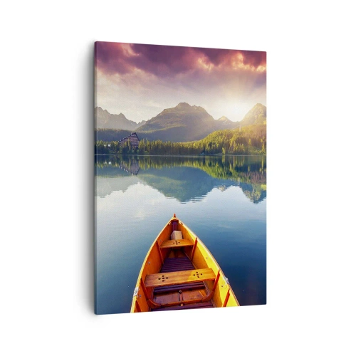 Cuadro sobre lienzo - Impresión de Imagen - Tres barcos de madera con el telón de fondo de un lago de montaña al atardecer - 50x70cm - Frente a la naturaleza - Decoración de pared moderna para salón y dormitorio ARTTOR