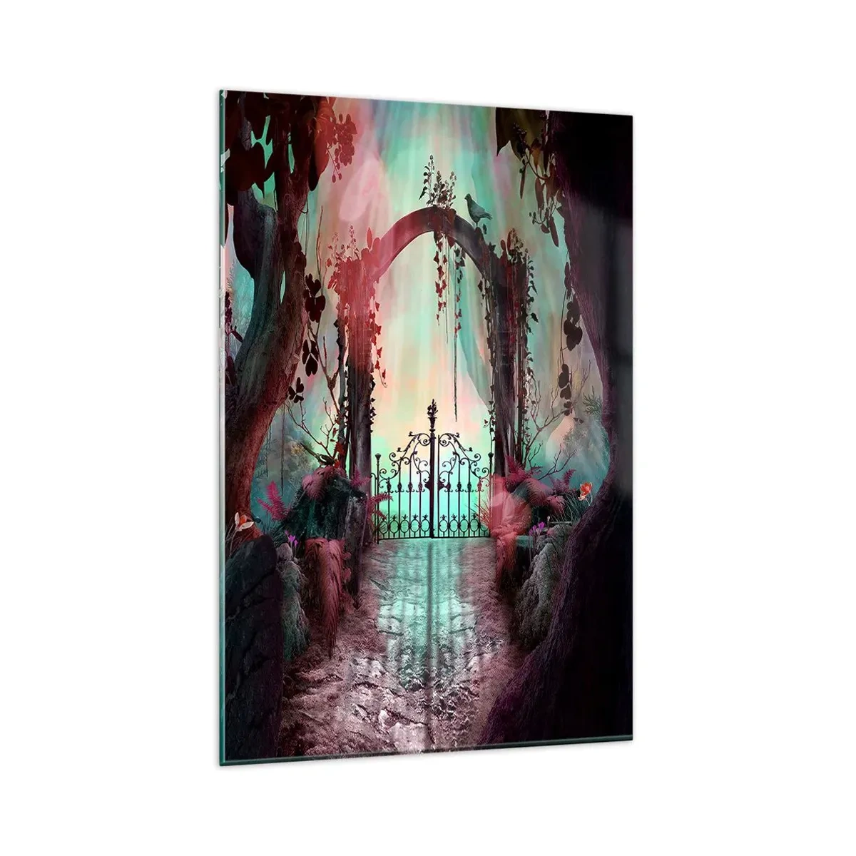 Cuadro sobre vidrio - Impresiones sobre Vidrio - Una entrada mágica con una puerta de hierro forjado rodeada de vegetación misteriosa. - 80x120cm - Jardín secreto - Decoración de pared moderna para salón y dormitorio ARTTOR