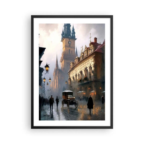 Póster en marco negro - Ciudad histórica al atardecer con un vehículo histórico - 50x70cm - La magia de una noche de Praga - Decoración de pared moderna para salón y dormitorio ARTTOR