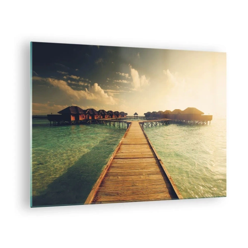 Cuadro sobre vidrio - Impresiones sobre Vidrio - El muelle que conduce a las cabañas frente al mar al atardecer. - 70x50cm - Una cálida invitación - Decoración de pared moderna para salón y dormitorio ARTTOR