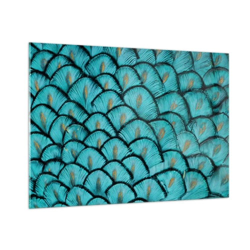 Cuadro sobre vidrio - Impresiones sobre Vidrio - Un primer plano de plumas de pavo real turquesa que forman un patrón decorativo. - 100x70cm - La gran gala de las plumas - Decoración de pared moderna para salón y dormitorio ARTTOR