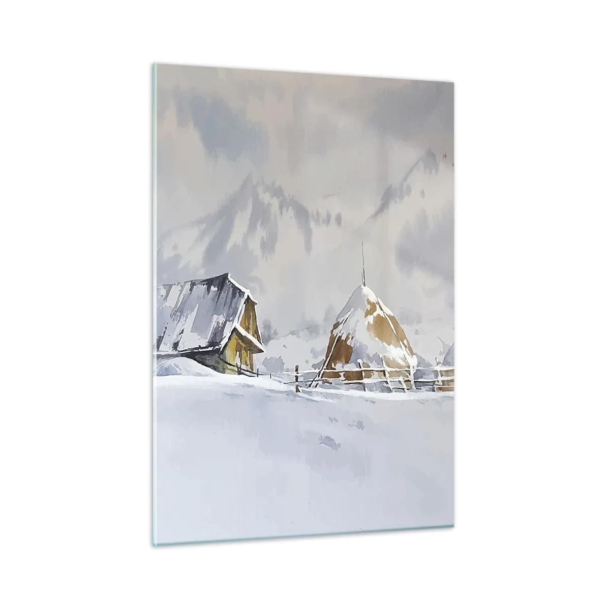 Cuadro sobre vidrio - Impresiones sobre Vidrio - Paisaje invernal con una cabaña y pajares en las montañas - 50x70cm - En un valle nevado - Decoración de pared moderna para salón y dormitorio ARTTOR