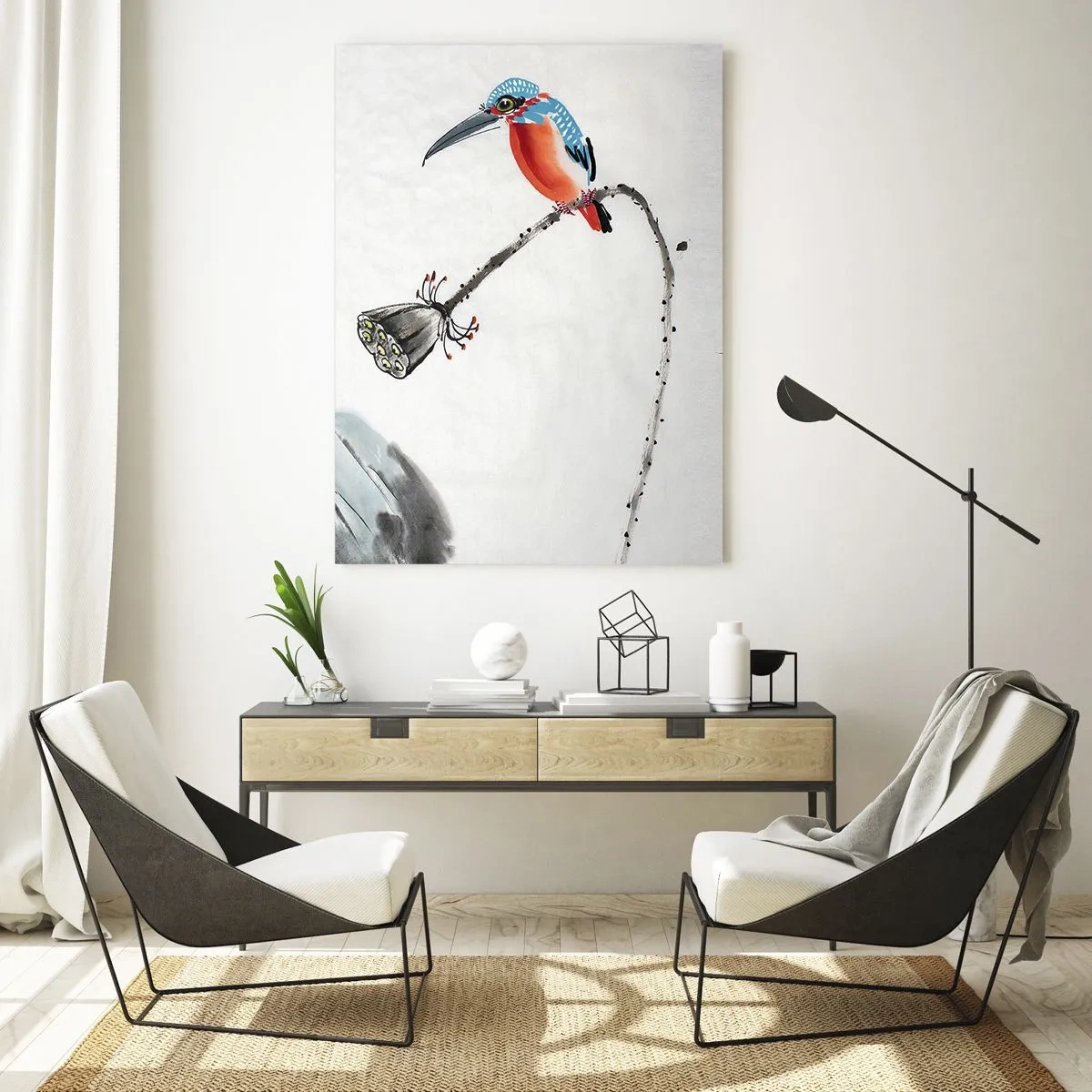 Cuadro sobre vidrio - Impresiones sobre Vidrio - Un pájaro colorido sobre un fondo de vegetación y una libélula. - 80x120cm - La vida de la pradera - Decoración de pared moderna para salón y dormitorio ARTTOR