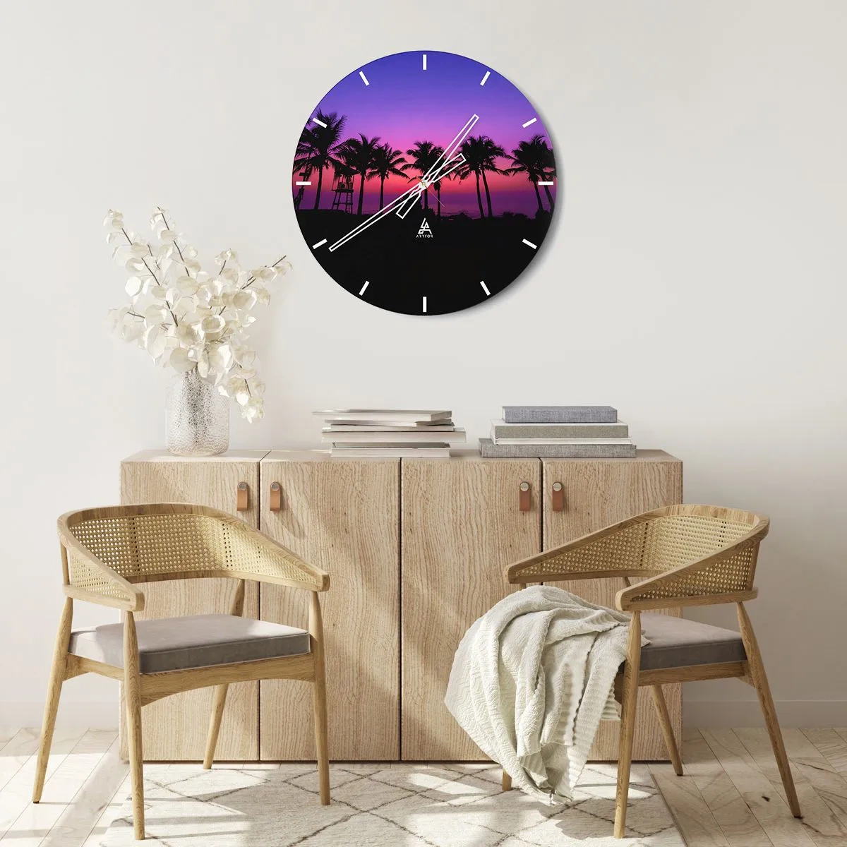 Reloj de pared - Reloj de vidrio - Palmeras al atardecer con un cielo morado - 30x30cm - Atardecer bajo las palmeras - Decoración de pared moderna para salón, cocina y dormitorio ARTTOR