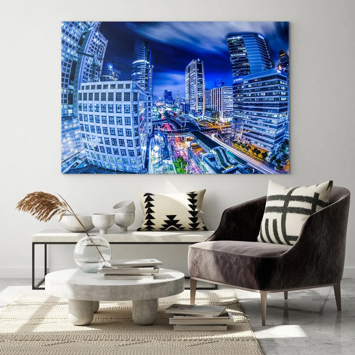 Cuadro sobre vidrio - Impresiones sobre Vidrio - Panorama de una ciudad moderna de noche con luces brillantes. - 120x80cm - Ritmos de la ciudad nocturna - Decoración de pared moderna para salón y dormitorio ARTTOR