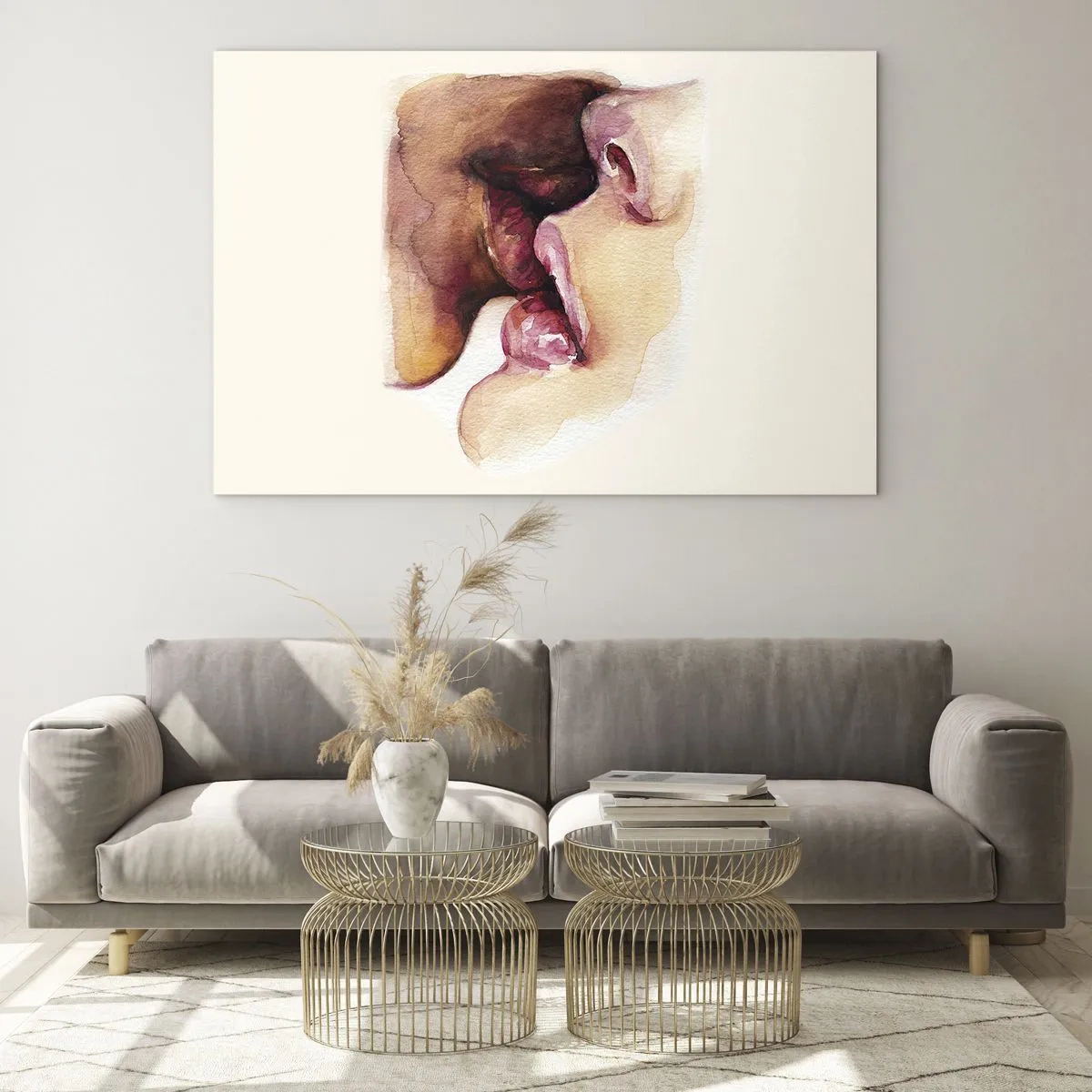 Cuadro sobre vidrio - Impresiones sobre Vidrio - Beso artístico de acuarela de dos caras sobre un fondo claro. - 100x70cm - Como la noche y el día, la tierra y el cielo - Decoración de pared moderna para salón y dormitorio ARTTOR