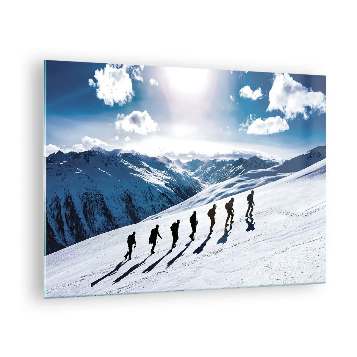 Cuadro sobre vidrio - Impresiones sobre Vidrio - Grupo escalando una ladera nevada en las montañas - 70x50cm - Equipo de conquistadores - Decoración de pared moderna para salón y dormitorio ARTTOR