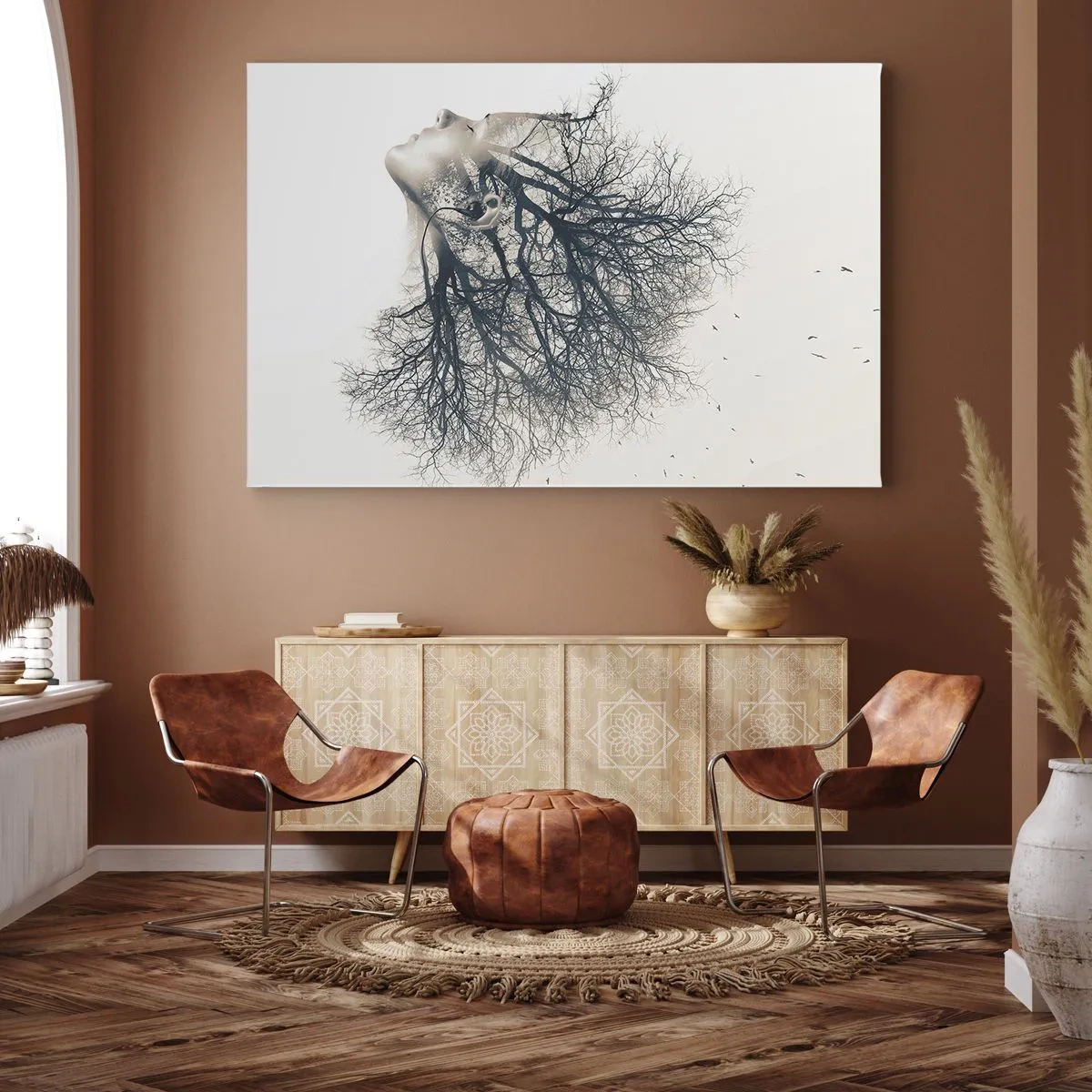 Cuadro sobre lienzo - Impresión de Imagen - Silueta creativa de una mujer y árboles. - 70x50cm - Escuchando el susurro de un árbol - Decoración de pared moderna para salón y dormitorio ARTTOR